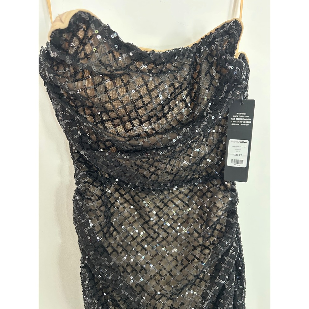 Fashion Nova NWT Lilian Draped Sequin Mini Dress Black Strapless Party XS New